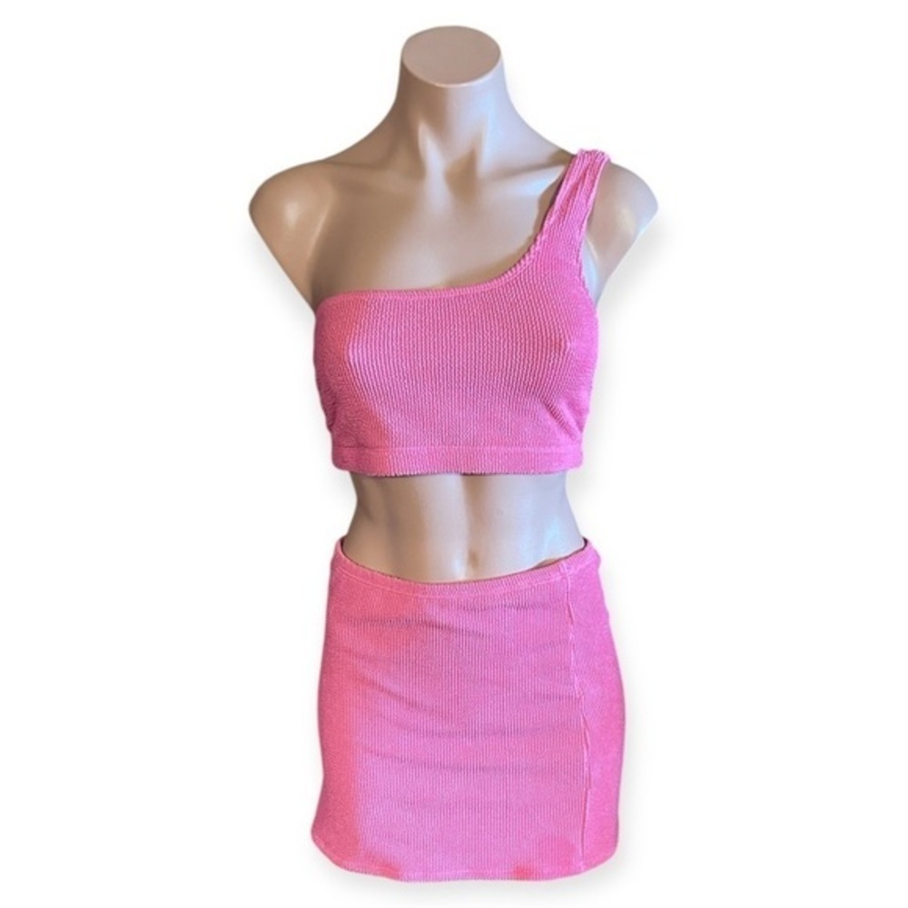 Good American Always Fits Pink Ribbed Knit Mini Skirt Set One Shoulder L VGUC